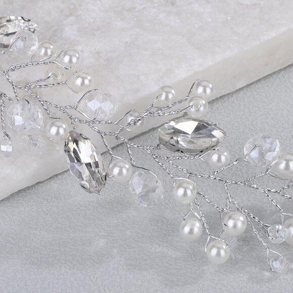 Silver Rhinestone Pearl Headband Bridal Wedding Hair Accessories for Women - Picture 4 of 4